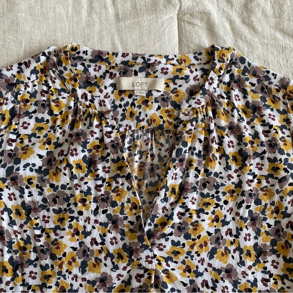 Loft V Neck Floral Long Sleeve Blouse Fall Work Top Yellow White Purple Madewell - Picture 3 of 8